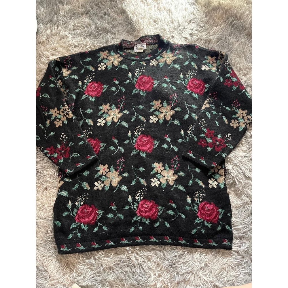 Basic Edition Vintage 90s Sweater Large Black Floral Knitted Crewneck Pullover